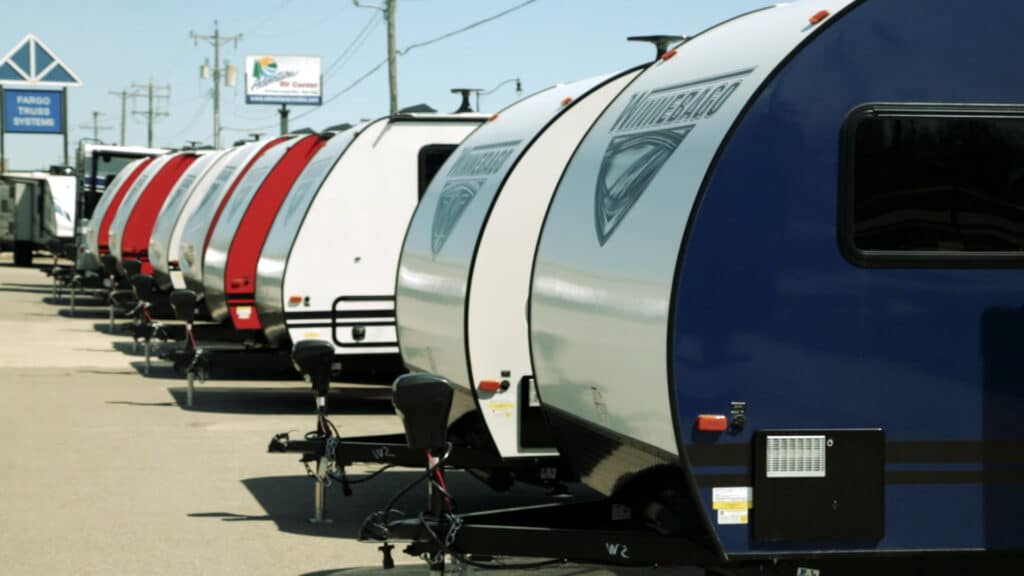 lineup of lightweight towable rvs at adventure rv center in west fargo north dakota